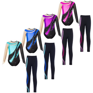Kids Girls Leotard Long Sleeve Outfit Gymnastics Set Suit Dancewear Performance - Picture 1 of 44
