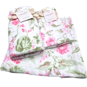 6pc Laura Ashley MORNING GLORIA Velour Bath Hand Tip Towel Set Pink Green Floral - Picture 1 of 12