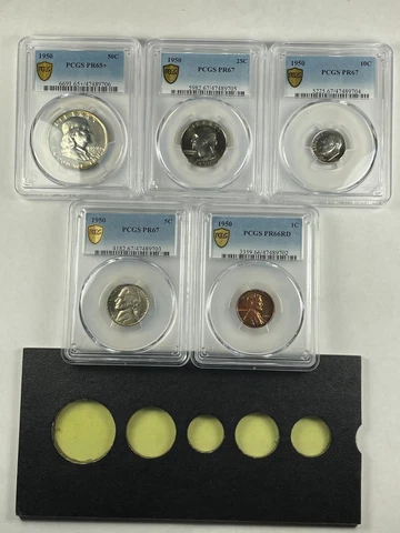 1950 Original Proof Set PCGS PR65+, 66RD, 67 With Toning And Original Board Cover