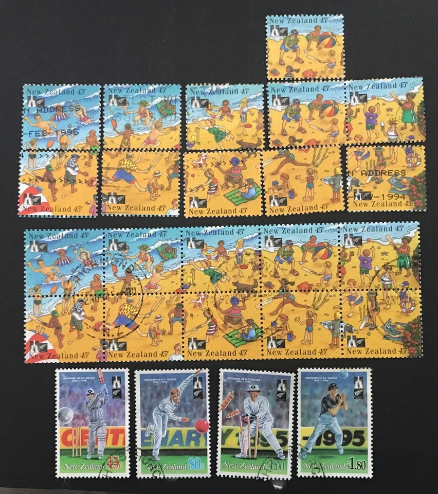 New Zealand 1994 "Cricket" used stamps & "Beach Cricket" FDI Booklet + 11 Used - Image 1 of 1