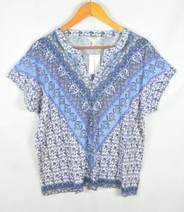 Lucky Brand Women's Blouse L Summer V-Neck Blue Geo Floral Print Top Shirt NWT - Picture 1 of 11