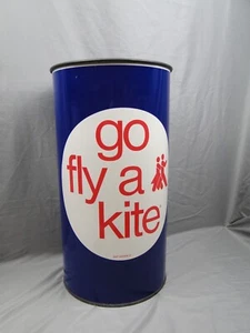 Vintage Metal Trash Garbage Can Go Fly A Kite Advertising Waste Basket - Picture 1 of 14