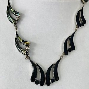 Vintage mexikanische Alpaka Onyx Abalone Inlay Silber Wende Halskette Handarbeit - Bild 1 von 20