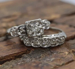 Art Deco 0.75Ct Round Simulated Diamond Wedding Ring Set 14k White Gold Plated - Picture 1 of 10