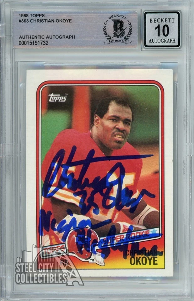 Christian Okoye 1988 Topps Autograph "Nigerian Nightmare" RC Card #363 BAS 10 - Image 1 of 1