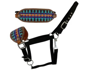 BRONC HALTER Regolabile Nylon Nero con Nasello Sud Ovest Teal e Marrone - Foto 1 di 2