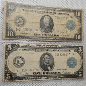 1914 $5 & $10 Federal Reserve Note Set Blue Seal Large Size Low Grade Set of 2 - Picture 1 of 9