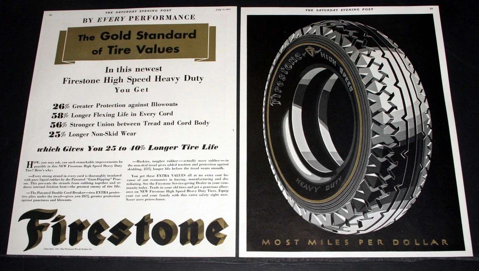 ANTIGUO ANUNCIO IMPRESO DE REVISTA 1931, NEUMÁTICOS FIRESTONE, ¡EL ESTÁNDAR DE ORO DE LOS VALORES DE LOS NEUMÁTICOS! Foto 1 de 1