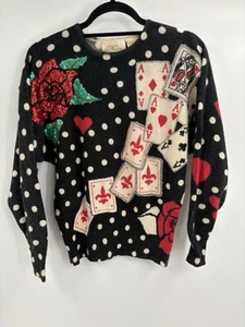 Cache Y2K Beaded Vintage Lambswool Ace Cards Christmas Cowl Sweater Size Small - Picture 1 of 23