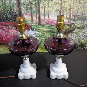 Vintage 1950's Pair Chimney Lamp Amethyst Glass Globe and Milk Glass Base 13" - Picture 1 of 9