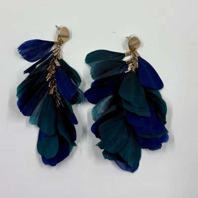 Pendientes colgantes de plumas boho verde azul marino tono dorado declaración Foto 1 de 4