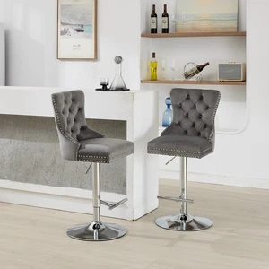 Modern Chrome Barstools Set of 2 Adjustable Velvet Tufted Button Kitchen Pub Bar - Picture 1 of 24