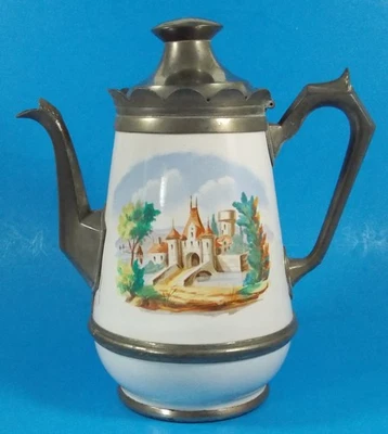 Cafetera antigua esmaltada Manning & Bowman borde de peltre--para reparación Foto 1 de 4