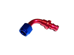 5/8 HOSE BARB TO 10 AN FEMALE SWIVEL FUEL ADAPTER 90 DEGREE RED/BLUE - Picture 1 of 1