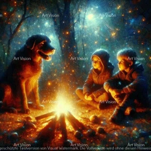 Impressionismus - Kinder und Hund am Feuer - Original auf Leinwand 60x60cm 2024 - Bild 1 von 1