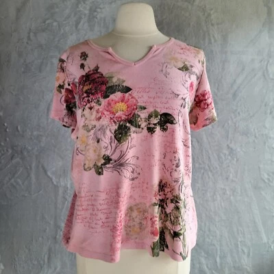 DRESSBARN Pink Floral Y2K T-Shirt Size 2X Sequin Romantic Split Neck Cotton USA - Image 1 of 4