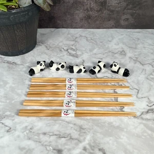 Set of 5 Wooden Chopsticks with Cute Ceramic Panda Chopstick Holder - Bild 1 von 4
