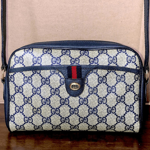 Borsa a tracolla GUCCI GG Supreme Ophidia Sherry Line Navy Pelle Grigia Tela Vintage