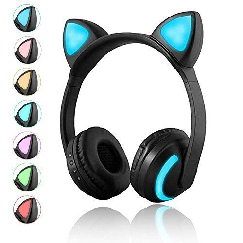Wireless Bluetooth Cat Ear Headphones with Mic 7 Colors LED Light Flashing Gl...