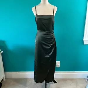 NWT Zara Green Satin Ruched Side Midi Dress with Embellished Straps Size M - Picture 1 of 9
