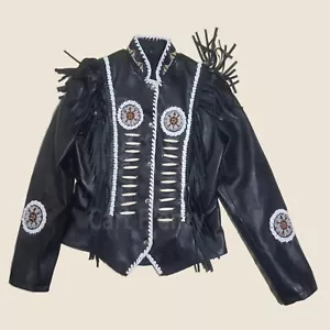 Cowhide Leather Biker Jacket for Women Native American Fringe & Beads - Picture 1 of 4