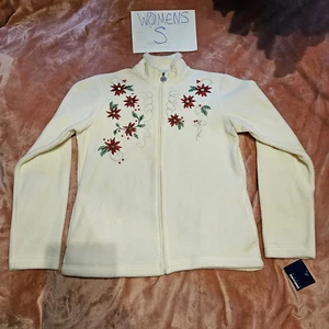 New Womens S Basic Editions Poinsettia & Holly Ivory Full Zip Fleece Jacket NWT - Picture 1 of 6
