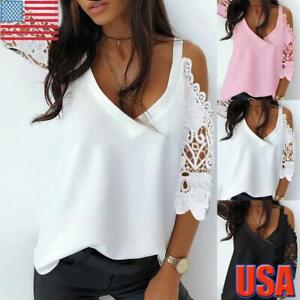 Womens Lace Floral Cold Shoulder T-Shirt Tops Ladies Casual Loose Summer Blouse