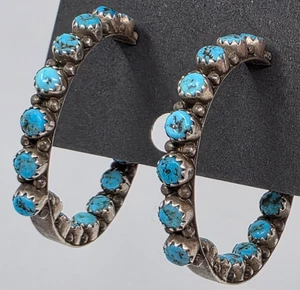 Gaynell Parkhurst Navajo Sterling Silver Turquoise Row Hoop Earrings - Picture 1 of 8