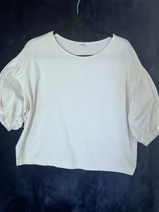 Uniqlo Women’s M Cream White Oversized Top Puff Sleeve 100% Cotton Blouse Casual - Picture 1 of 8
