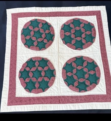 Vintage 1990s Seven Sisters Handmade Patchwork Wall Hanging Burgundy Green Stars - Image 1 of 4