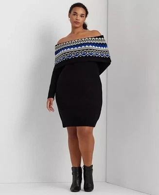 Vestido Suéter Lauren Ralph Lauren Fuera del Hombro Fair Isle Para Mujer 2X Negro Foto 1 de 2