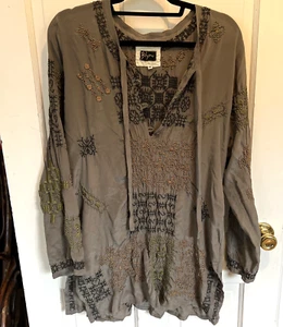 Biya Johnny Was Alka Seide grau Bluse Tunika Top grün gold Stickerei lang M - Bild 1 von 8