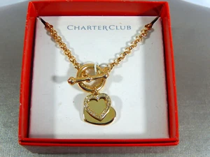 NIB CHARTER CLUB CRYSTAL HEART GOLD TONE HEART FRONT CLOSING TOGGLE 18" NECKLACE - Picture 1 of 5
