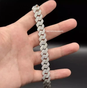Round Fully Iced Out Moissanite Cuban Link Chain Bracelet 925 Sterling Silver - Picture 1 of 3
