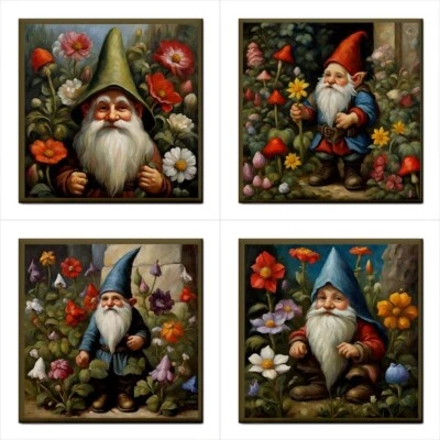 Ceramic Tile Set Garden Gnome Flower Art Of 4 Decorative Backsplash Tiles Lot - Image 1 of 4