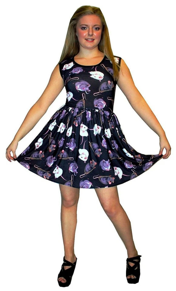 Women's Cute Mouse Rats Mice Print Gathering Swing Dress Alternative Rockabilly - Image 1 of 1