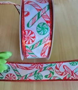 1.5 Inch (5 YDS) Wired Christmas Ribbon Candy Canes Peppermint Candy Wreath Bows - Bild 1 von 2
