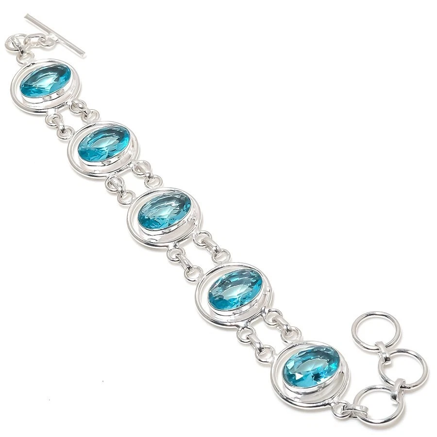 Aquamarine Gemstone Handmade 925 Sterling silver Jewelry Bracelet Size 7-8" - Image 1 of 1