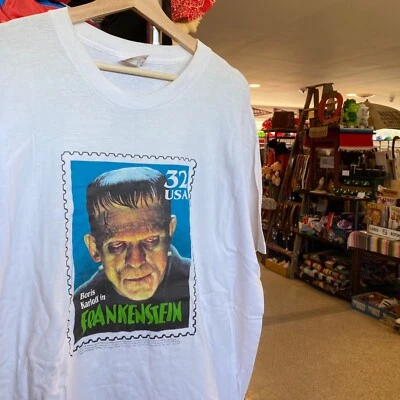 1990s Vintage FRANKENSTEIN USPS T-shirt White Boris Karloff Monster Stamps Tee - Image 1 of 4