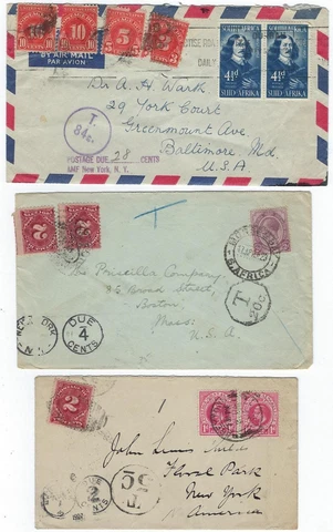 SOUTH AFRICA NATAL TO US 1907 1952 THREE POSTAGE DUE MARKED COVERS GREYTOWN NATA Cover