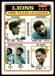 1981 Topps #338 Billy Sims / Freddie Scott / Allen / Hunter / Baker Team Lions - Imagen 1 de 2