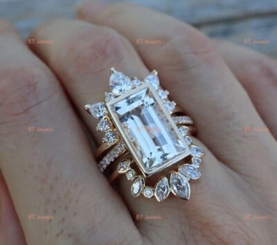 Large Topaz Halo Engagement Ring Set, 3 Piece Bridal Ring Set for Women's, - Image 1 of 4