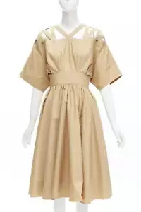 Abito THIERRY MUGLER vintage cotone kaki spalline spalle borchie quadrate IT9A3 S - Foto 1 di 11