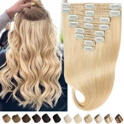 Clip In 8PCS Extensões de Cabelo Humano Grosso Real Remy Trama Dupla CABEÇA CHEIA LOIRA - Imagem 1 de 4