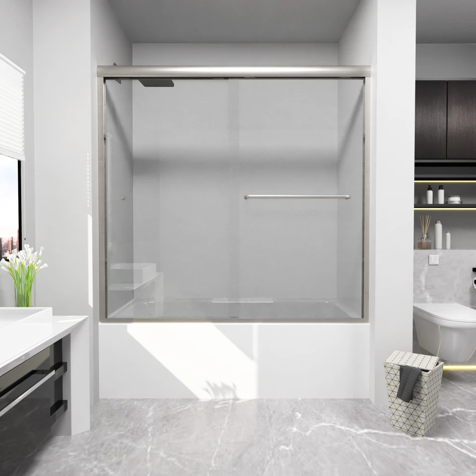 Puertas de bañera de 55-59 pulgadas de ancho x 56 pulgadas de altura, puertas de bañera de derivación semi-sin marco BN Foto 1 de 4