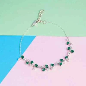 Oval Cut Lab-Created Emerald Diamond Women's Fancy Anklet 14K White Gold Plated - Picture 1 of 4