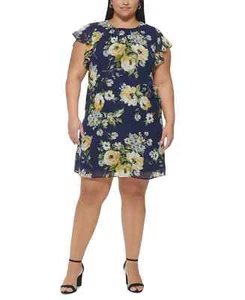 JESSICA HOWARD Chiffon Dress Plus Size 22W Navy Yellow Floral Flutter Sleeve NWT - Picture 1 of 7