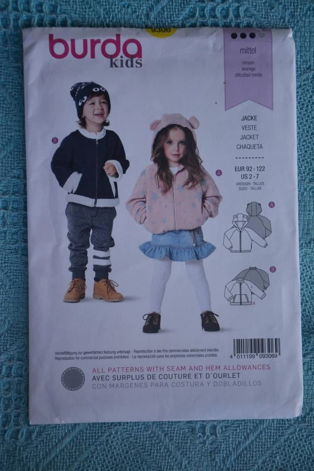 #9306 BURDA KIDS Sewing PATTERN ZipFront Jacket-Hoodie Super EASY. Size: 2-7yrs - Image 1 of 1