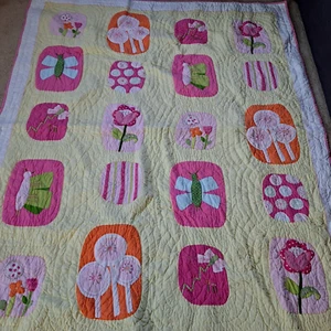 Pottery Barn Kids Patchwork Applique TWIN Quilt Butterflies Flowers pink green - Picture 1 of 15