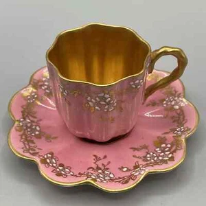 Antigua taza de té y platillo Inglaterra Coalport Demitasse rosa/dorado/puntos blancos elevados - Imagen 1 de 15